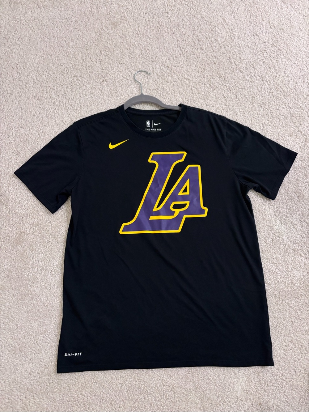 Nike Los Angeles Lakers Logo Dri-Fit Black Tee with Purple & Yellow LA Crest